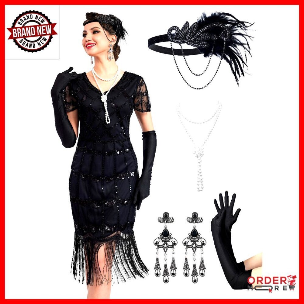 Sequin Fringed Flapper Dress Set with Accessories for 1920s Costume